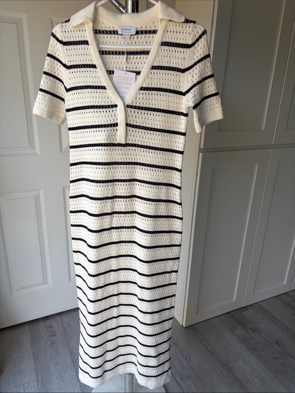 Serophine Cream and Dark Navy Stripes Crochet Maxi Dress with Collar, Size US2.